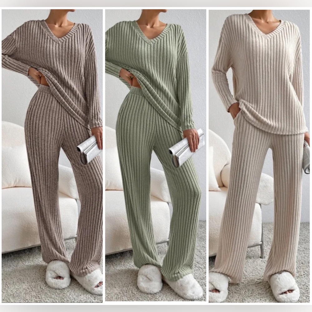 long sleeve v neck long comfortable pants, lounge wear knitted 2 piece outfit